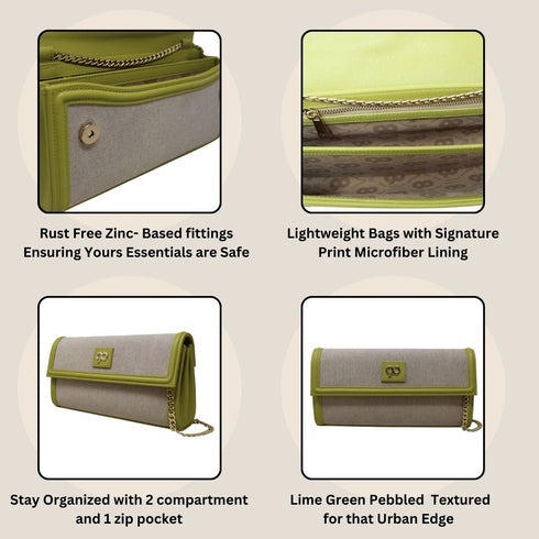 90 Feet Kaya Lime Green Premium Genuine Leather and Canvas Clutch Bag